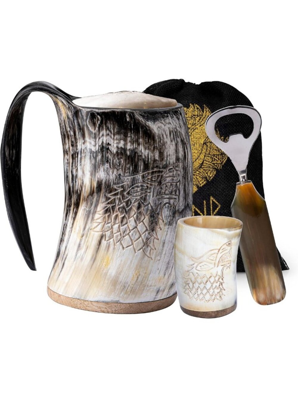 Viking Drinking Horn Mug Set - 16 oz Handmade Ox Horn Cup & Shot Glass Gift for